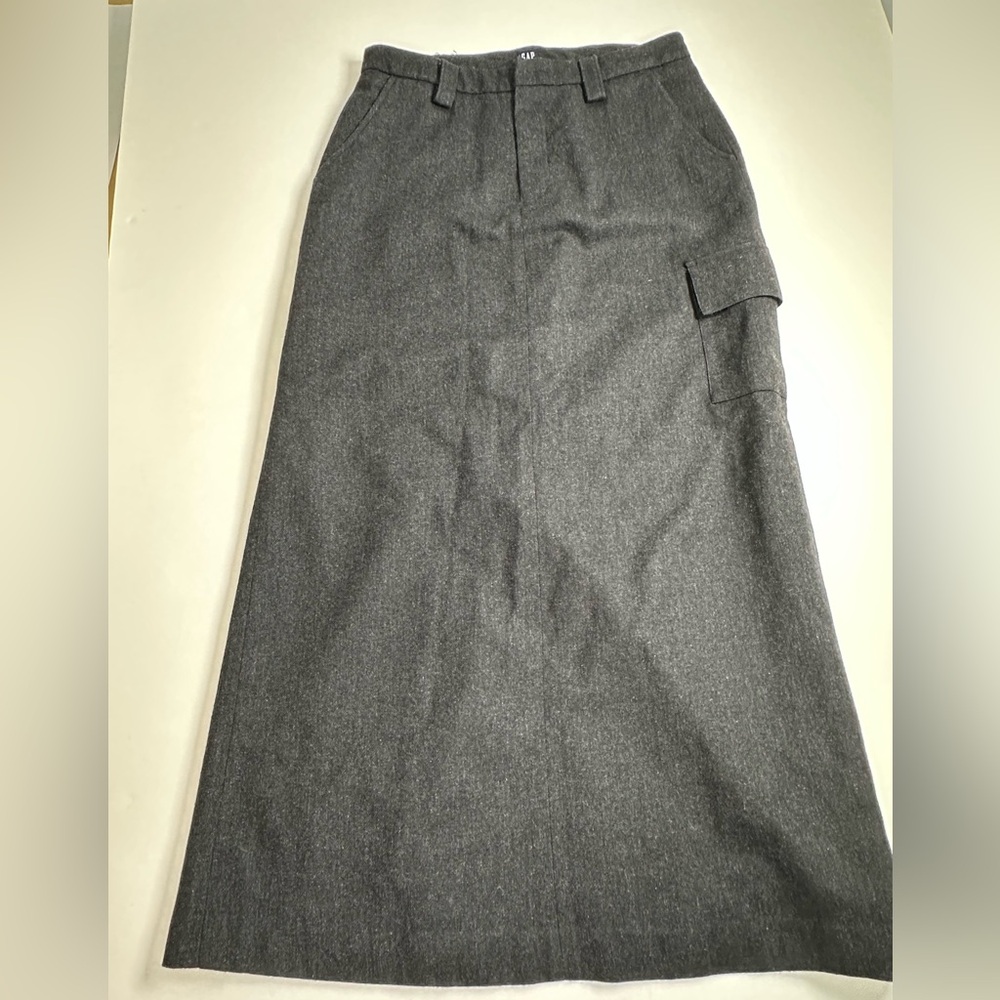 GAP Charcoal A-Line Maxi Skirt, Wool Mix, Cargo Style, Pockets, 8 US